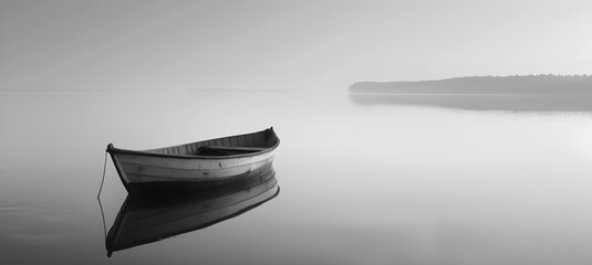 Foggy Morning Calm A Small Boat on a Tranquil Lake in Minimalist Black and White