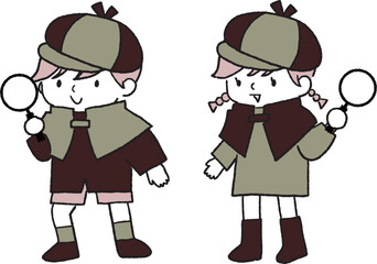 探偵姿で虫眼鏡を持っている子どもたちのベクターイラストセット