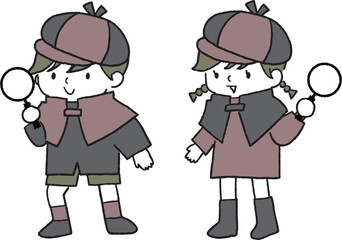 探偵姿で虫眼鏡を持っている子どもたちのベクターイラストセット