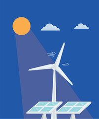 Renevable energy, battery, windmill energy, environment eco system vector illustration