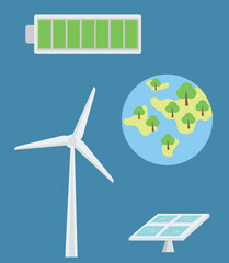 Renevable energy, battery, windmill energy, environment eco system vector illustration