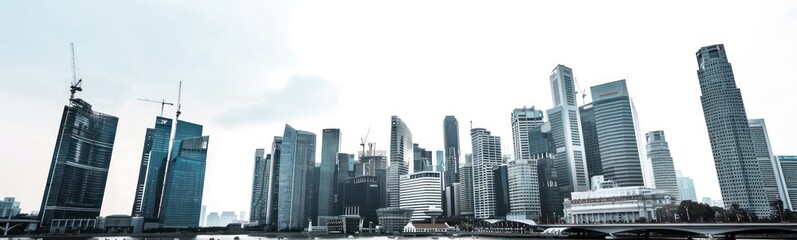 panorama of the city,  skyscrapers  in the city and cranes, white sky