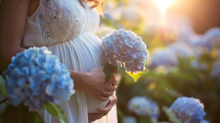 a touching close-up photo capturing the beauty of motherhood, featuring a pregnant woman tenderly holding a blue hydrangea flower near her pregnant belly