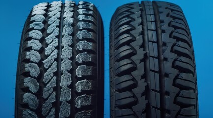 winter car tire and a summer car tire, treads detail, blue background