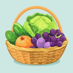 grocery basket contains cabbage, cucumbers, grapes, onions and carrots