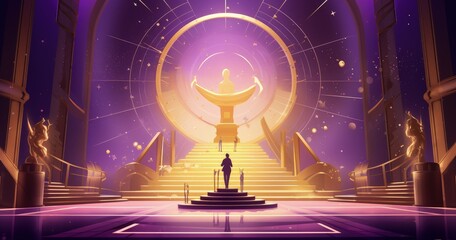 purple background with a golden stage and carpet. golden globe with a very small man holding up a trophy in the style of stars - obrazy, fototapety, plakaty