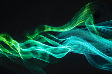 Illuminating teal and lime green neon waves. Stunning abstract artwork on black background.