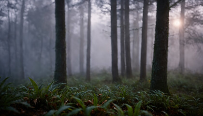Obraz premium a forest with fog and trees with a light shining through the trees and grass on the ground