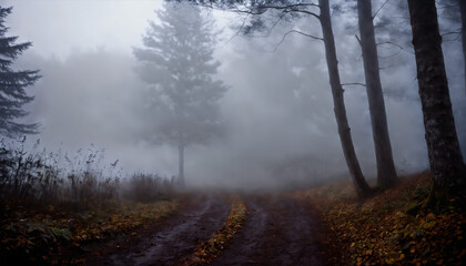 a dirt road in the middle of a forest with fog and trees on both sides of it and a trail in the middle of the woods