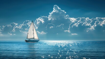a sailboat in the blue sky and a smooth sea