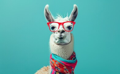 Naklejka premium happy white llama wearing red glasses and a scarf on blue background