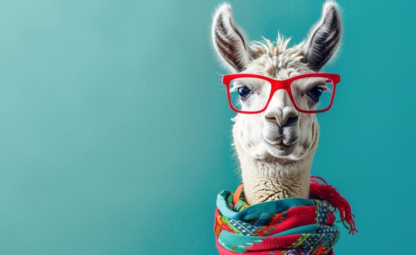 happy white llama wearing red glasses and a scarf on blue background