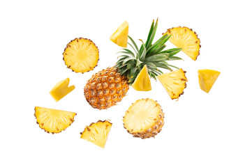 Levitation Pineapple with half and slices on white background.