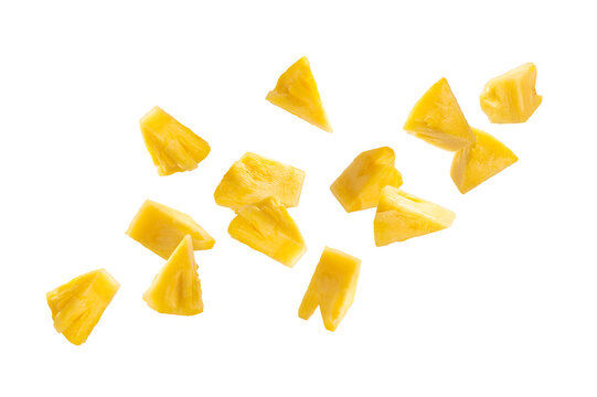 Falling pineapple slice and cut isolated on white background.