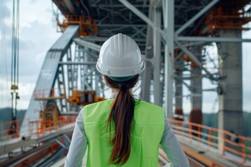 Civil engineer woman supervising bridge construction. Construction project. Engineer on bridge under construction. Crews working on the bridge. White hard hat and vest.