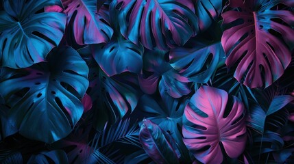 neon pink and blue tropical leaves background