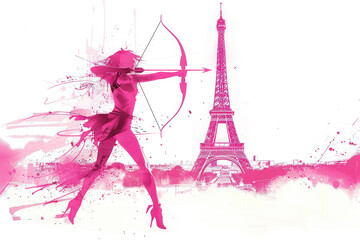 Pink watercolor painting of an archery woman by eiffel tower olympic