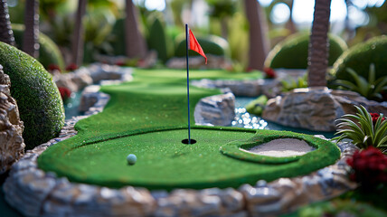 photo realistic miniature golf course green, golf resort, golf, golfing, summer time