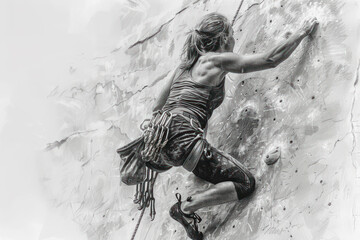 Pencil sketch illustration of a rock climber woman exercising at the gym