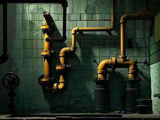 Pipes crisscrossing an industrial room, creating a maze of metal and valves, vital for the production flow - obrazy, fototapety, plakaty