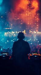 Silhouette of a DJ operating the remote control, seen from behind, against the backdrop of a nightclub with a dancing crowd at a night disco music festival 8K , high-resolution, ultra HD,up32K HD
