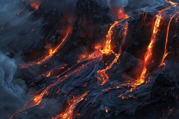 Artwork showcasing volcanic eruption and flowing lava. Powerful and evocative natural phenomenon