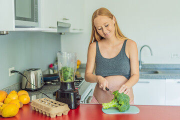 Embracing a nutritious choice, a pregnant woman joyfully prepares a vibrant vegetable smoothie, prioritizing wholesome ingredients for optimal well-being during her maternity journey
