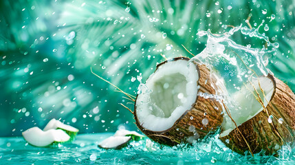Coconut in the Water with Splashing Effect - obrazy, fototapety, plakaty