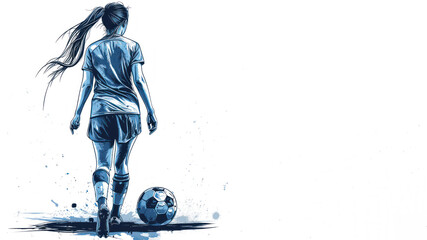 Blue watercolor painting of soccer woman player and ball view from back