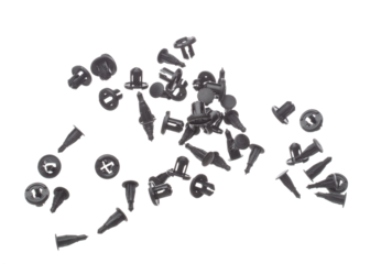 Fastener plastic clip fly explosion, black automobile fastener clip float explode, abstract cloud fly. automobile plastic fastener clip splash throwing in Air. White background Isolated