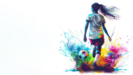 Obraz premium Colorful watercolor painting of soccer woman player and ball view from back