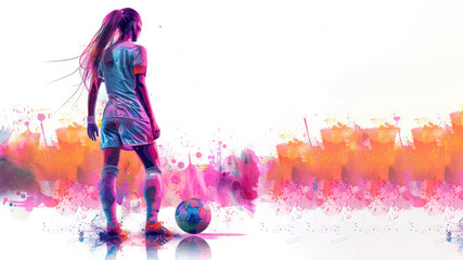 Pink watercolor painting of soccer woman player and ball view from back