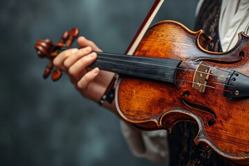 Violinist playing violin on dark background. Close-up.