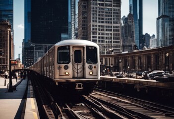 Naklejka premium 'elevated train loop tracks chicago urban travel transportation city high architecture landscape commute commuter strict downtown illinois industrial'