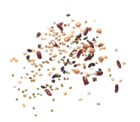 Mix beans fall down explosion, several kind bean float explode. Dried mixed white green red soy black peanut beans splash throwing in Air. White background Isolated high speed shutter, freeze