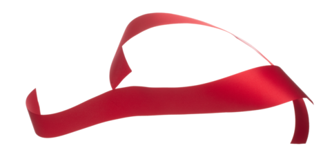 Red ribbon long straight fly in air with curve roll shiny. Red ribbon for present gift birthday party to wrap around decorate and make of textile cloth long straight. White background isolated