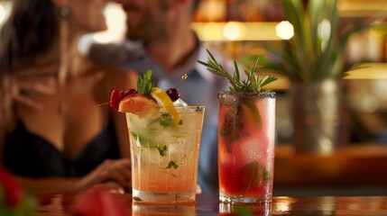 A couple enjoys a quiet evening at the nonalcoholic bar sipping on mocktails garnished with fresh fruits and herbs.