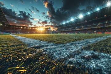 Soccer stadium at night, lights and grass field.