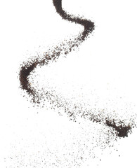 Fototapeta premium Coffee powder fly explosion, Coffee crushed ground float pouring, wave like smoke smell. Coffee ground powder splash throwing in mid Air. White background Isolated high speed shutter, freeze motion