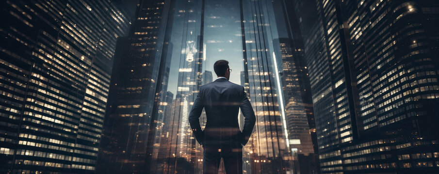 back of businessman in suit with business office glass modern buildings background for economic market stock investment, financial freedom portfolio or company profit and strategy growth IPO banner