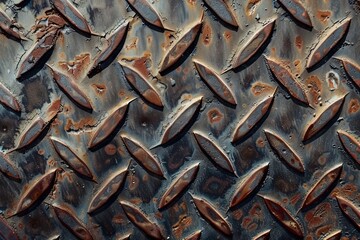 Rusted metal surface featuring square pattern. Textured and distressed industrial backdrop