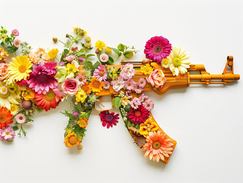 Fleurs color&eacute;es formant la silhouette d'une mitraillette AK47, inspiration 60s, illustration du concept de flower power