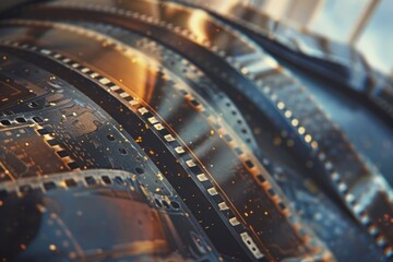 Fototapeta premium Vintage film strips close-up with grainy, aged look. Evocative and retro cinematic detail