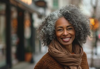 portrait of a beautiful black woman with curly grey hair in the streets smiling - Powered by Adobe