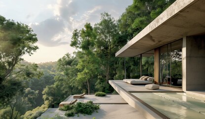 A Minimalist Villa With an Infinity Pool Overlooking a Dense Forest Canopy, Featuring Daybeds for Relaxation, Harmoniously Integrated Into the Natural Environment