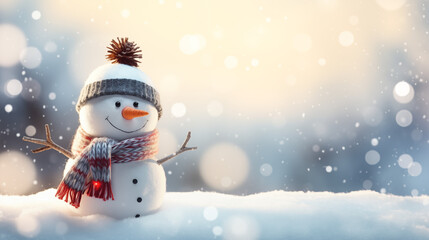 Closeup of cute funny laughing snowman with wool hat and scarf, on snowy snow snowscape with bokeh lights, illuminated by the sun photography