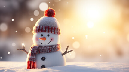Closeup of cute funny laughing snowman with wool hat and scarf, on snowy snow snowscape with bokeh lights, illuminated by the sun photography
