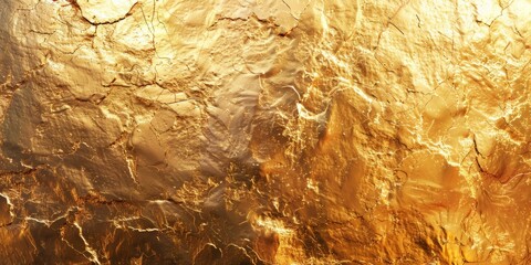 Golden surface exhibiting cracks and holes. Rustic and worn metallic texture - obrazy, fototapety, plakaty