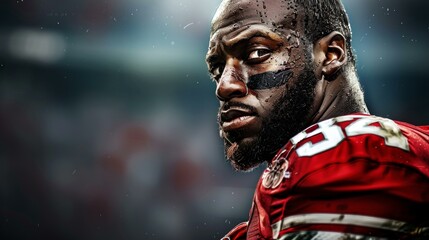Intense close-up of determined African American athlete in red football gear, showcasing competitive spirit, focus, and readiness for game day. Copy space - Powered by Adobe