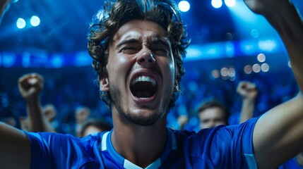 Energetic young man and fellow fans celebrate victory at night game, vibrant blue tones evoke team spirit and joyous sport event.